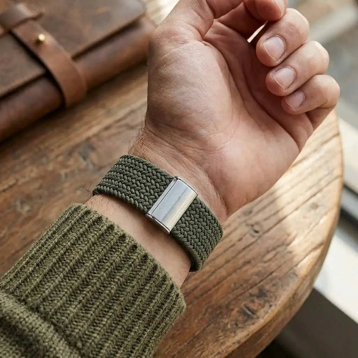 Anhem braided nylon Apple Watch band in olive green with a metallic buckle on a man's wrist wearing a green sweater.