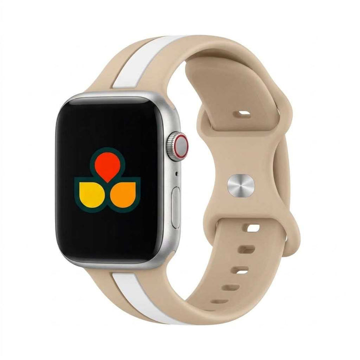 Anhem Pepi two-tone beige and white silicone sport band for Apple Watch, featuring a soft, flexible, sweat-resistant design.