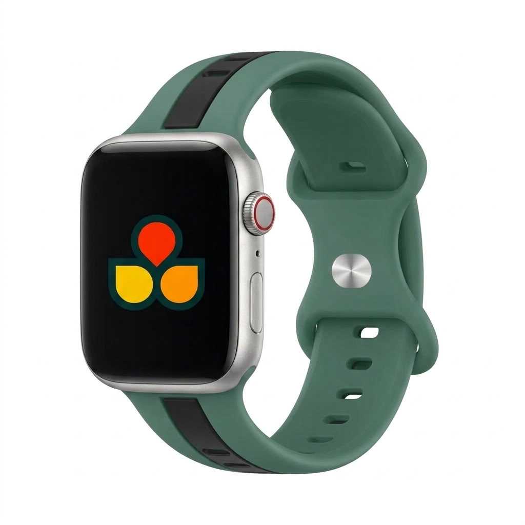Anhem Pepi two-tone green and black silicone sport band for Apple Watch, featuring a flexible, sweat-resistant design.