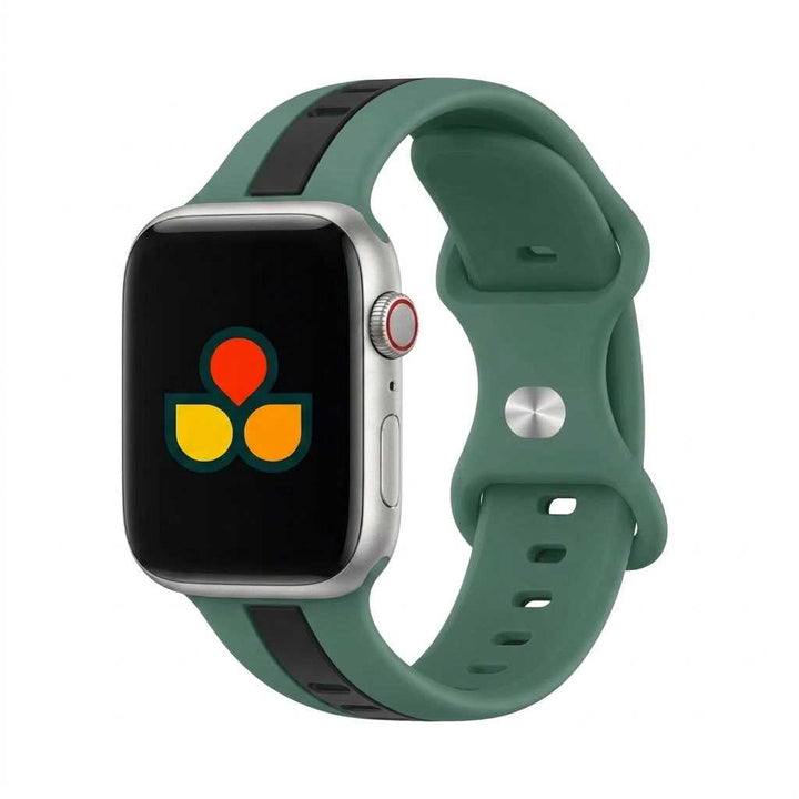 Anhem Pepi two-tone green and black silicone sport band for Apple Watch, featuring a flexible, sweat-resistant design.