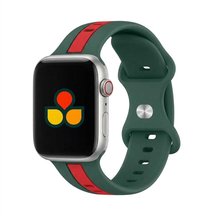 Anhem Pepi two-tone green and red silicone sport band for Apple Watch, featuring a flexible, water-resistant design.