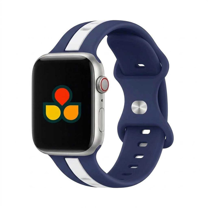 Anhem Pepi two-tone navy and white silicone sport band for Apple Watch with a secure metal pin closure