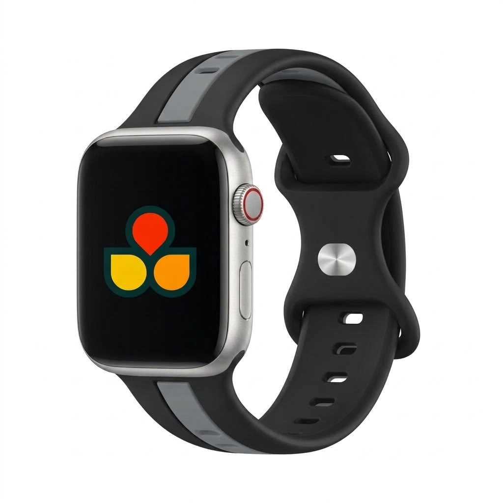 Anhem Pepi two-tone black and grey silicone sport band for Apple Watch on a silver watch case