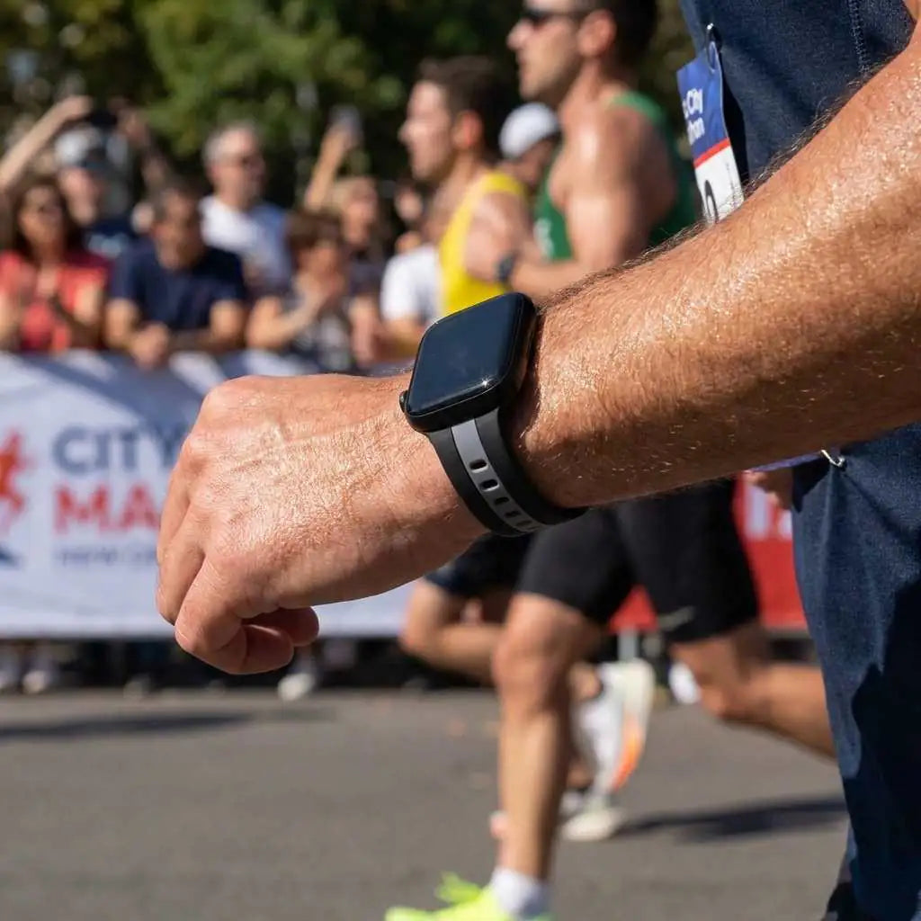 Anhem Pepi two-tone silicone sport band on a runner's wrist during a race, showing sweat-resistant design.