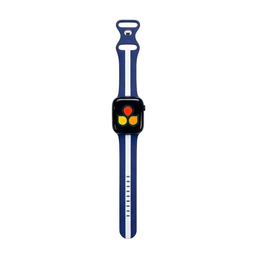 Anhem Pepi two-tone blue and white silicone sport band for Apple Watch with a comfortable, flexible design.