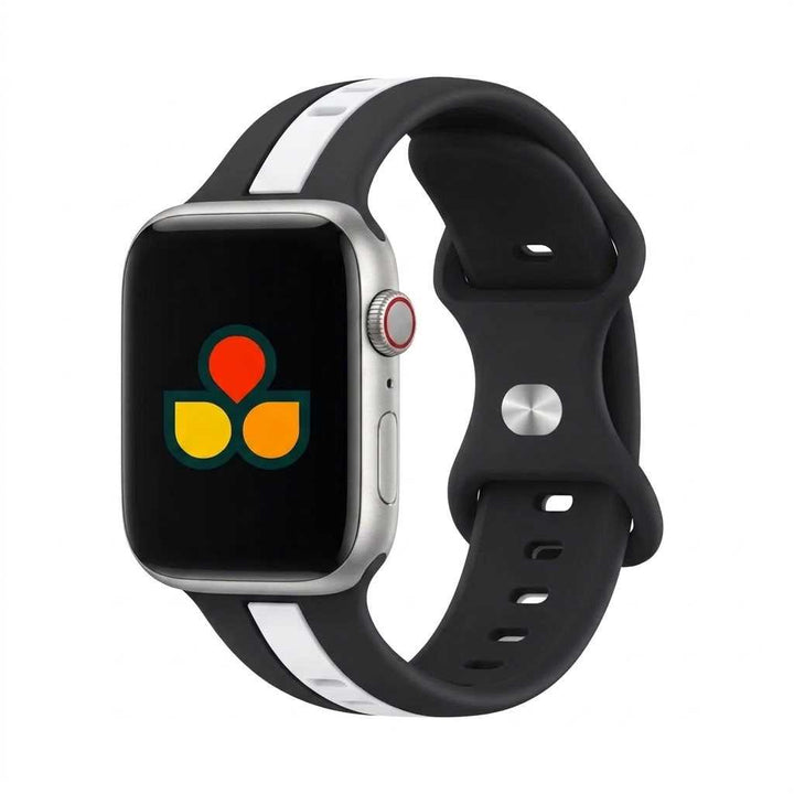 Anhem Pepi two-tone black and white silicone sport band for Apple Watch, featuring a flexible, water-resistant design.