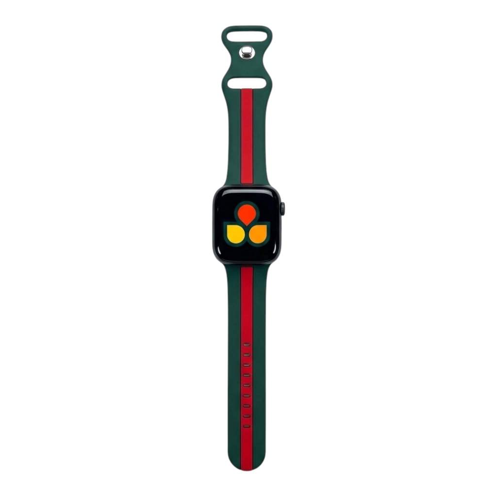 Anhem Pepi two-tone green and red silicone sport band for Apple Watch with a comfortable, water-resistant design.