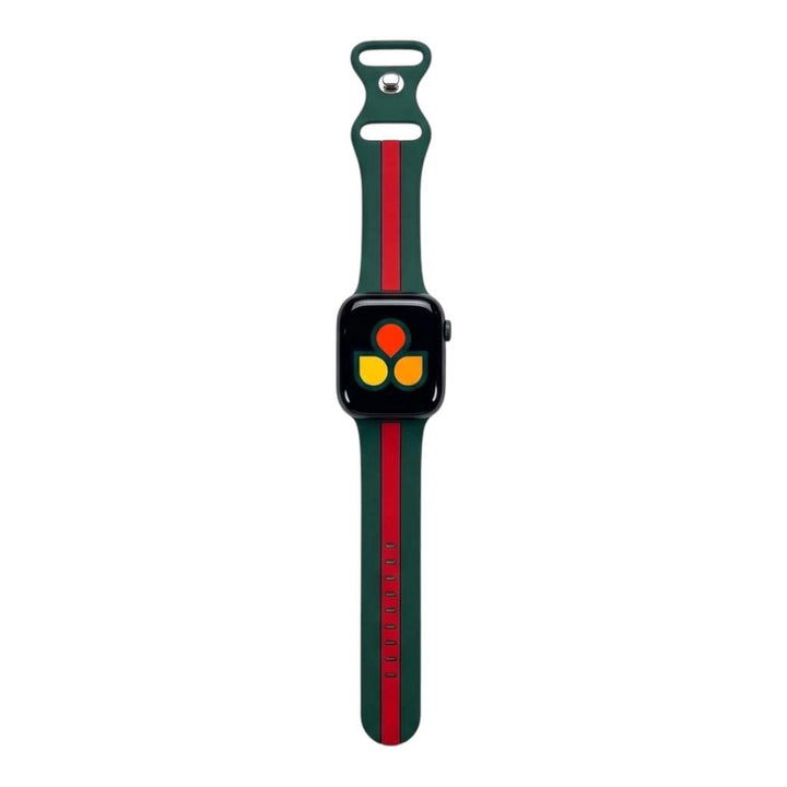 Anhem Pepi two-tone green and red silicone sport band for Apple Watch with a comfortable, water-resistant design.
