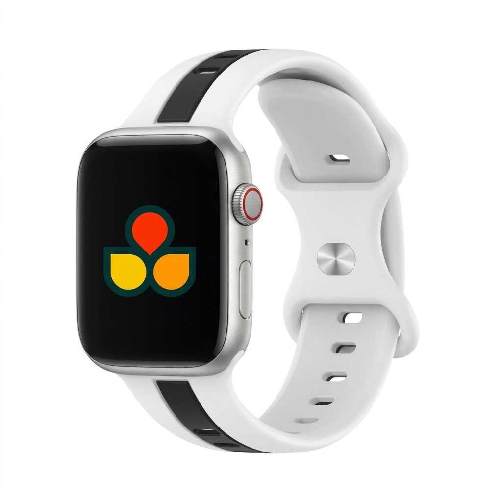Anhem Pepi two-tone white and black silicone sport band for Apple Watch with a comfortable, flexible design.