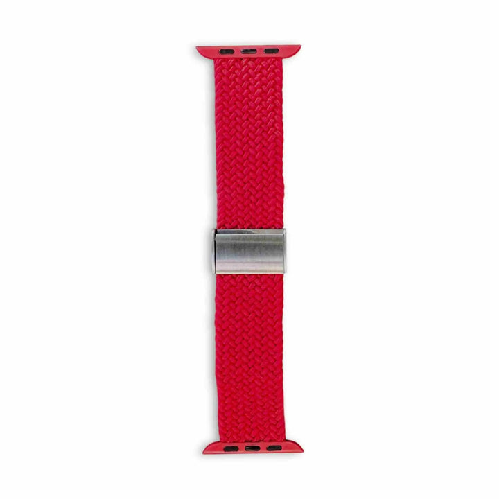Anhem braided nylon Apple Watch band in vibrant red with a silver adjustable metal slider for a secure stretch fit.