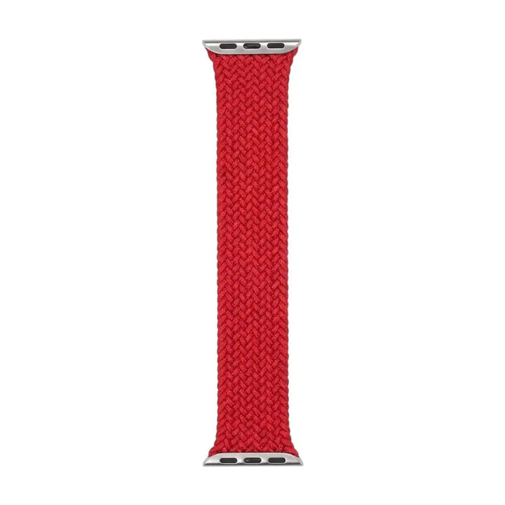 Anhem red braided nylon infinity loop watch band for Apple Watch with a flexible, breathable, and stretchable design.