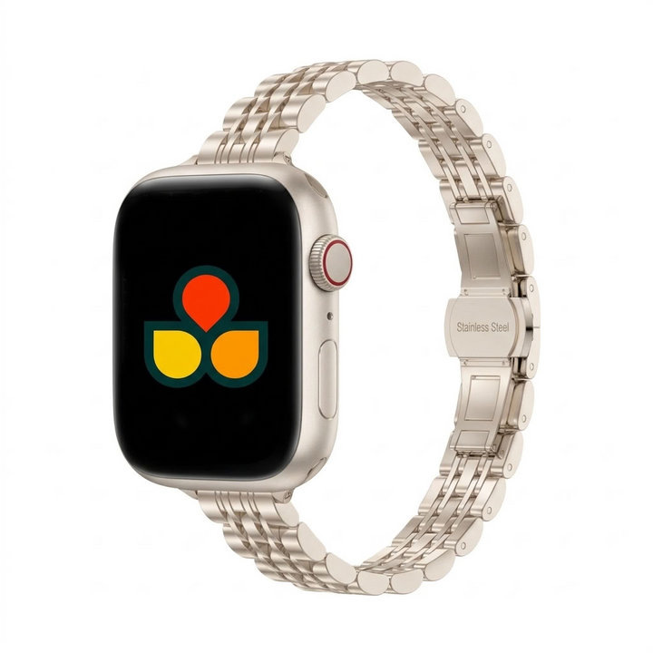 A satin starlight stainless steel apple watch band attached to a apple watch with a black screen displaying a colorful app icon, isolated on a white background.