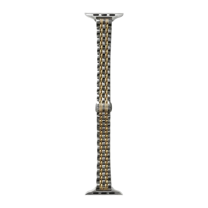 Metallic silver and gold apple watch band on a  apple watch with white background