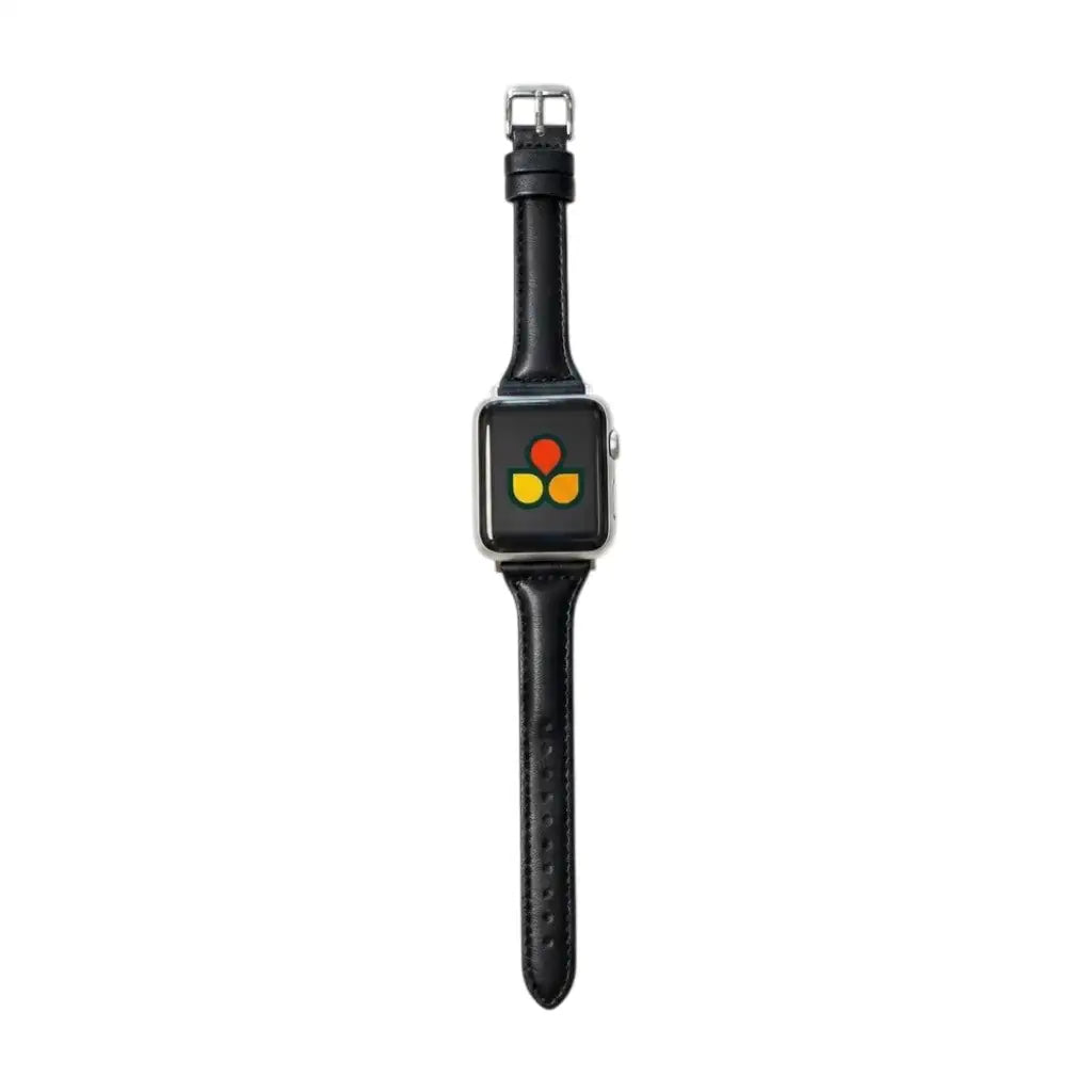 Anhem slim black genuine leather Apple Watch band with a silver buckle, shown attached to an Apple Watch.