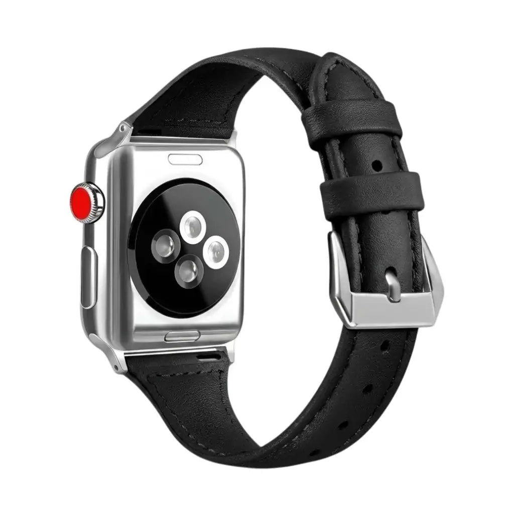 Anhem slim black genuine leather Apple Watch band with a silver buckle, shown from the back on a silver watch case.