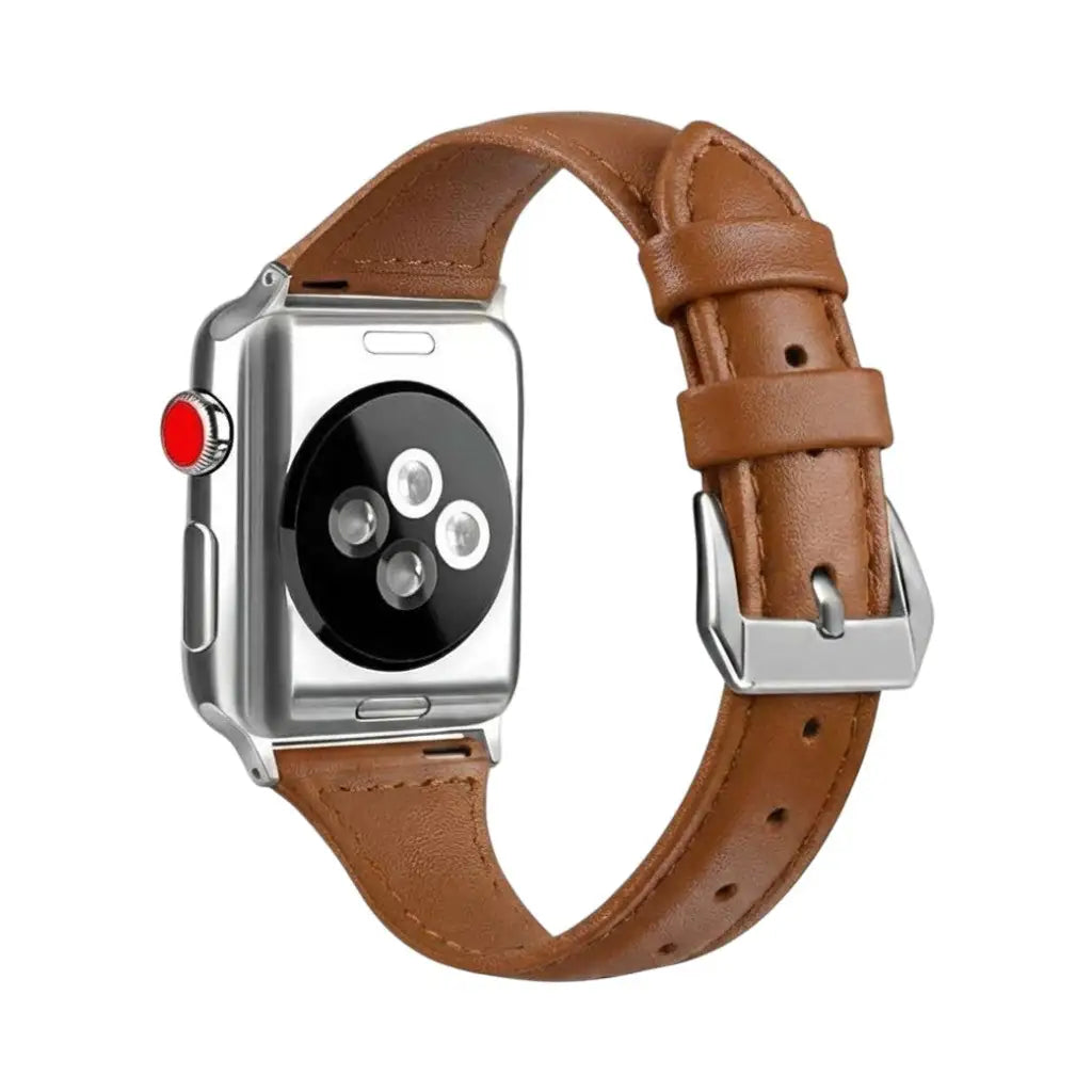 Anhem slim brown leather Apple Watch band with a silver buckle, shown from the back on a silver watch case.