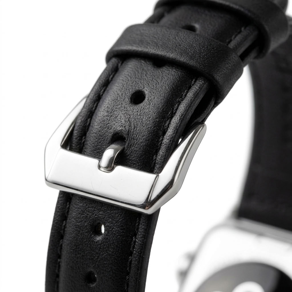 close up view of slim leather apple watch band in black