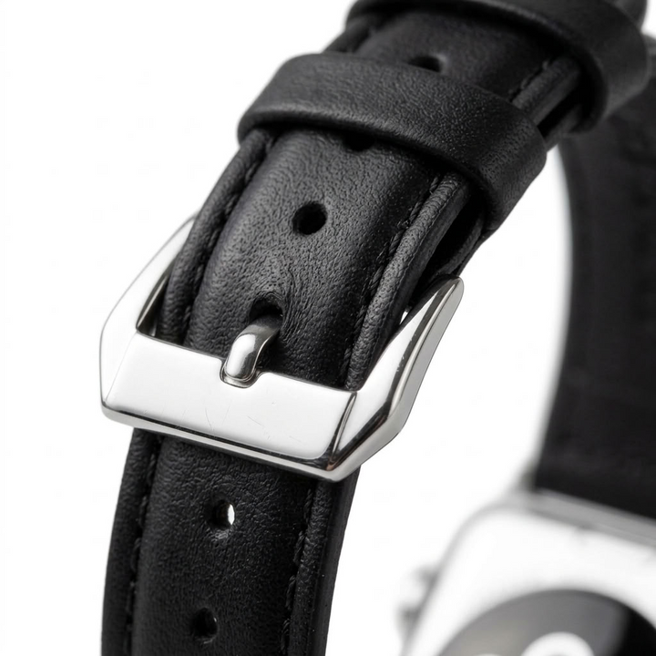 close up view of slim leather apple watch band in black
