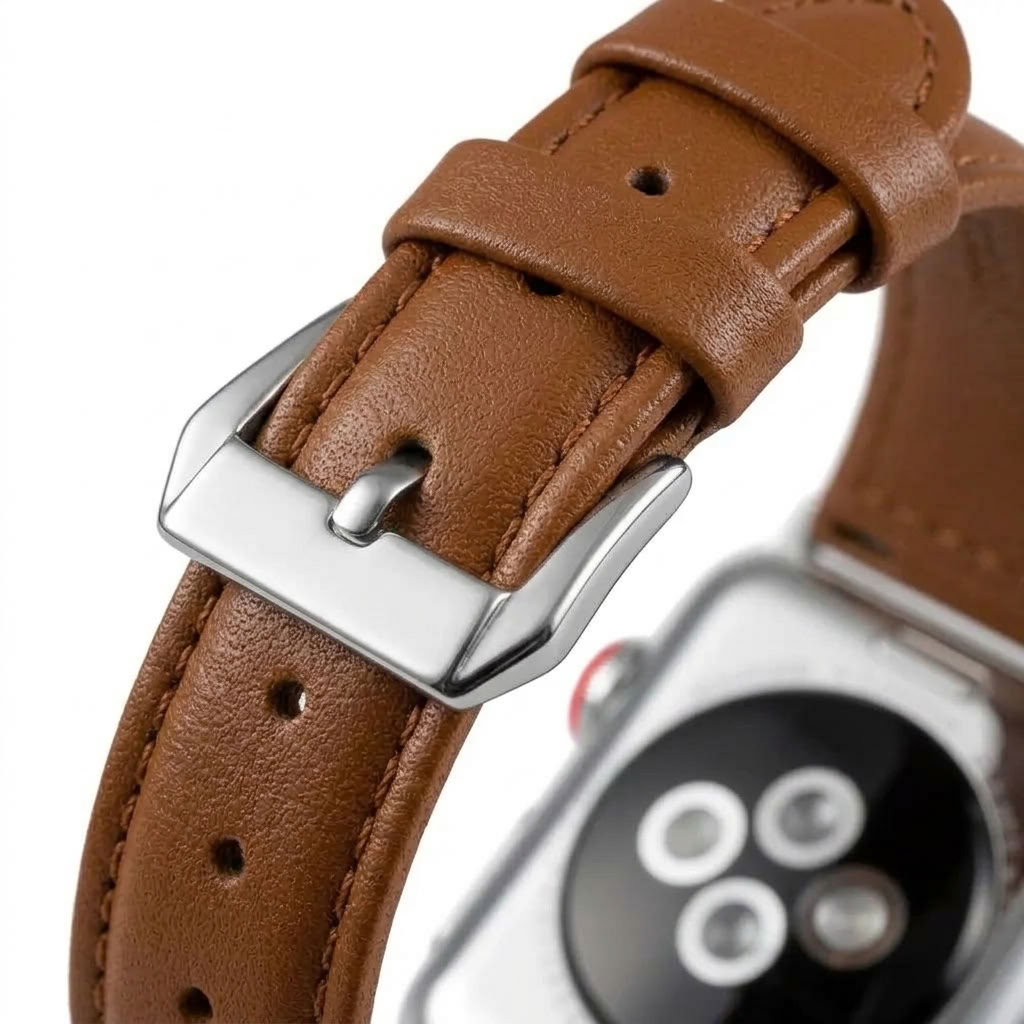 anhem slim leather apple watch band in brown up close view