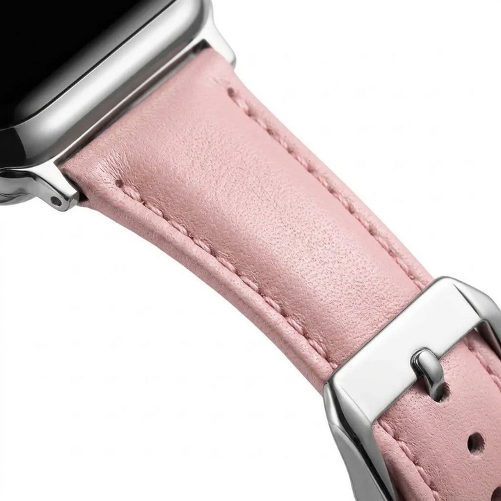 up close view of slim leather apple watch band