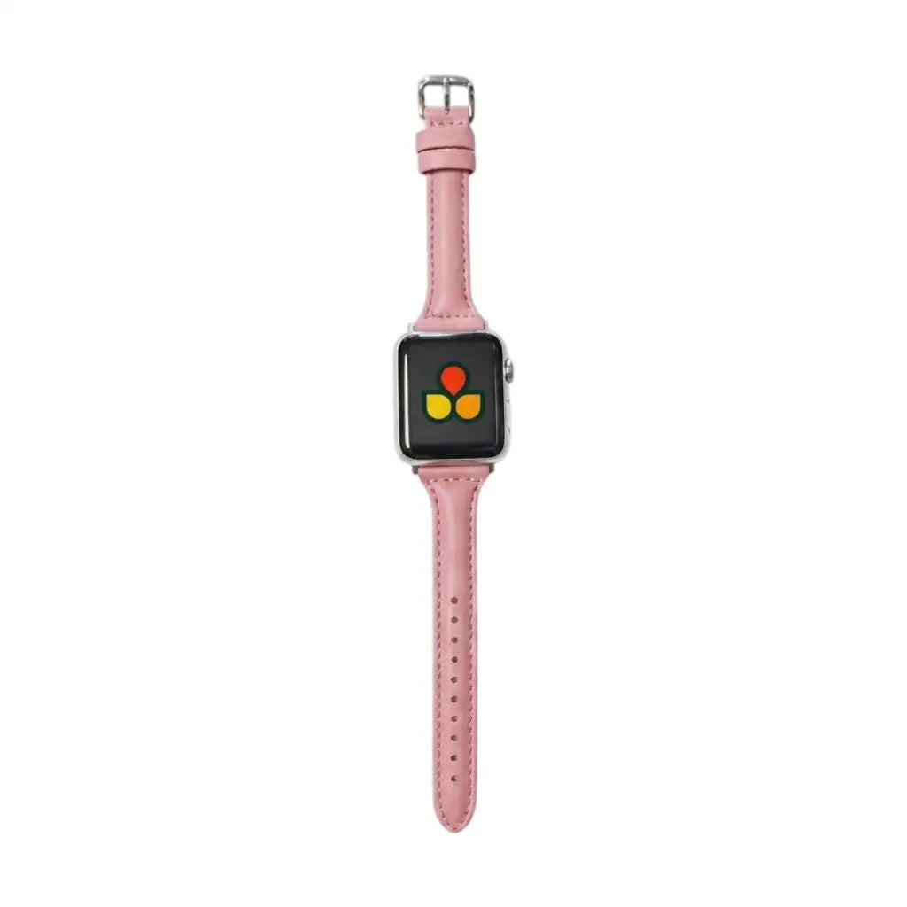 Anhem slim pink genuine leather Apple Watch band with a silver buckle, designed for a comfortable and tailored fit.