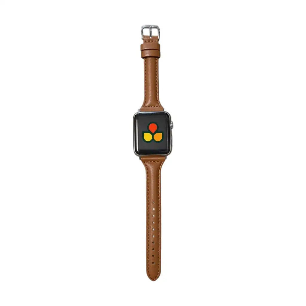Anhem slim tan genuine leather Apple Watch band with a silver buckle, designed for a comfortable and lightweight fit.