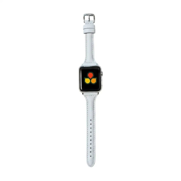 Anhem slim white genuine leather Apple Watch band with a silver buckle, designed for a lightweight and elegant fit.