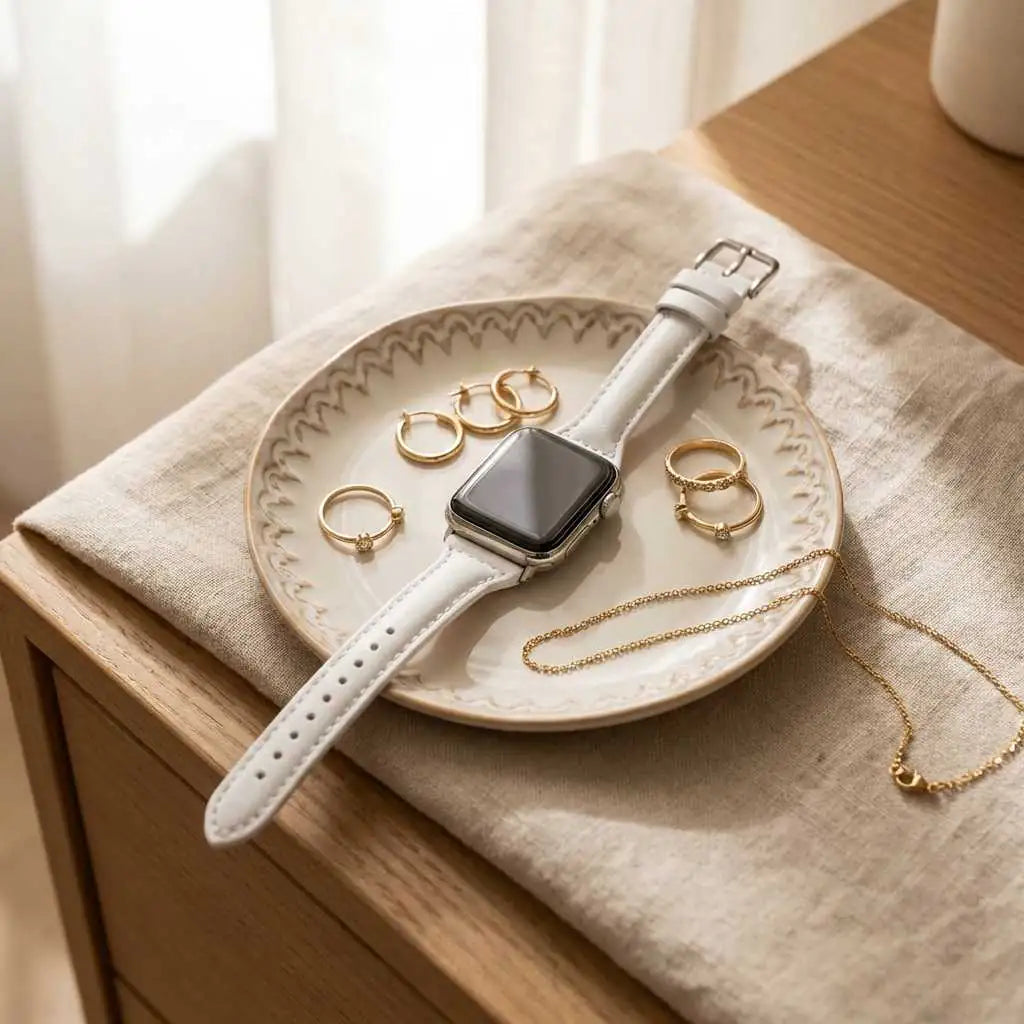 Anhem slim white leather Apple Watch band displayed on a decorative plate with gold jewelry on a wooden table.