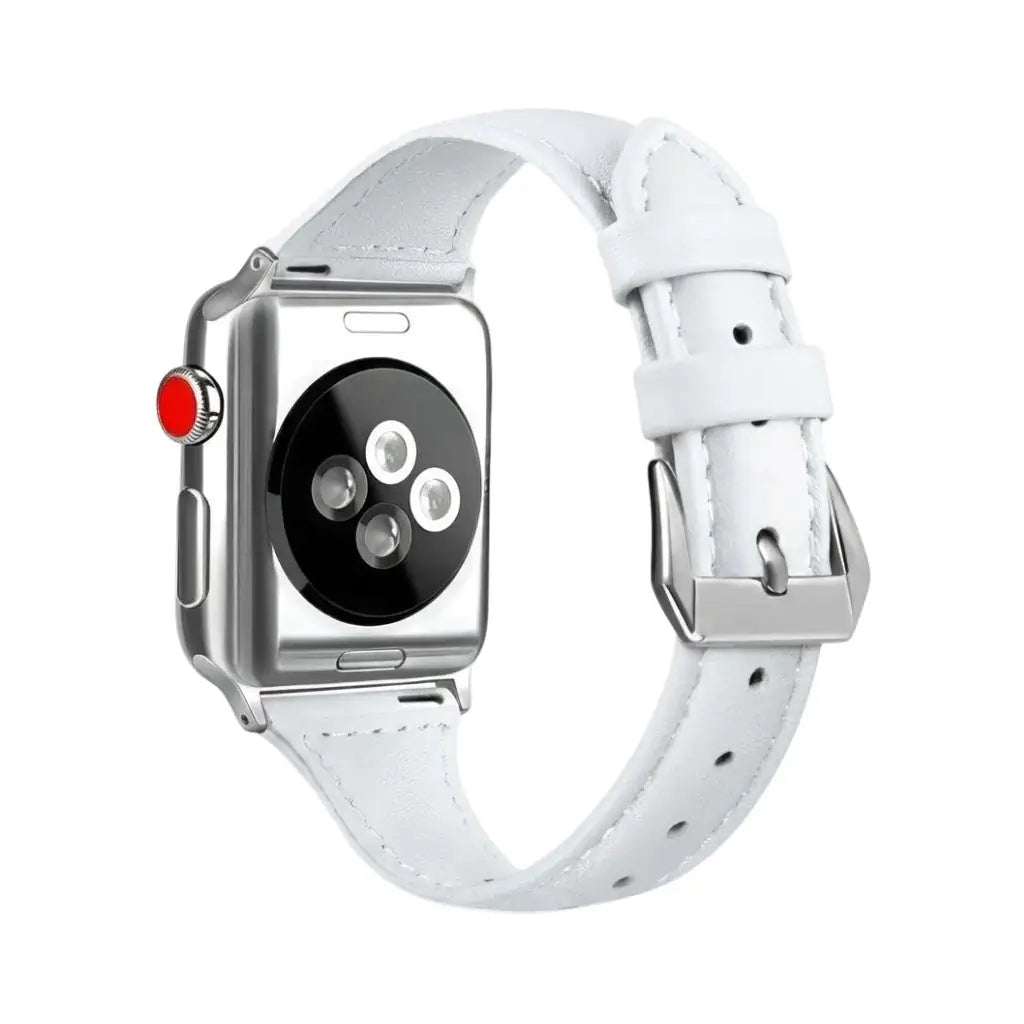 Anhem slim white genuine leather Apple Watch band with a silver buckle, designed for a comfortable, lightweight fit.