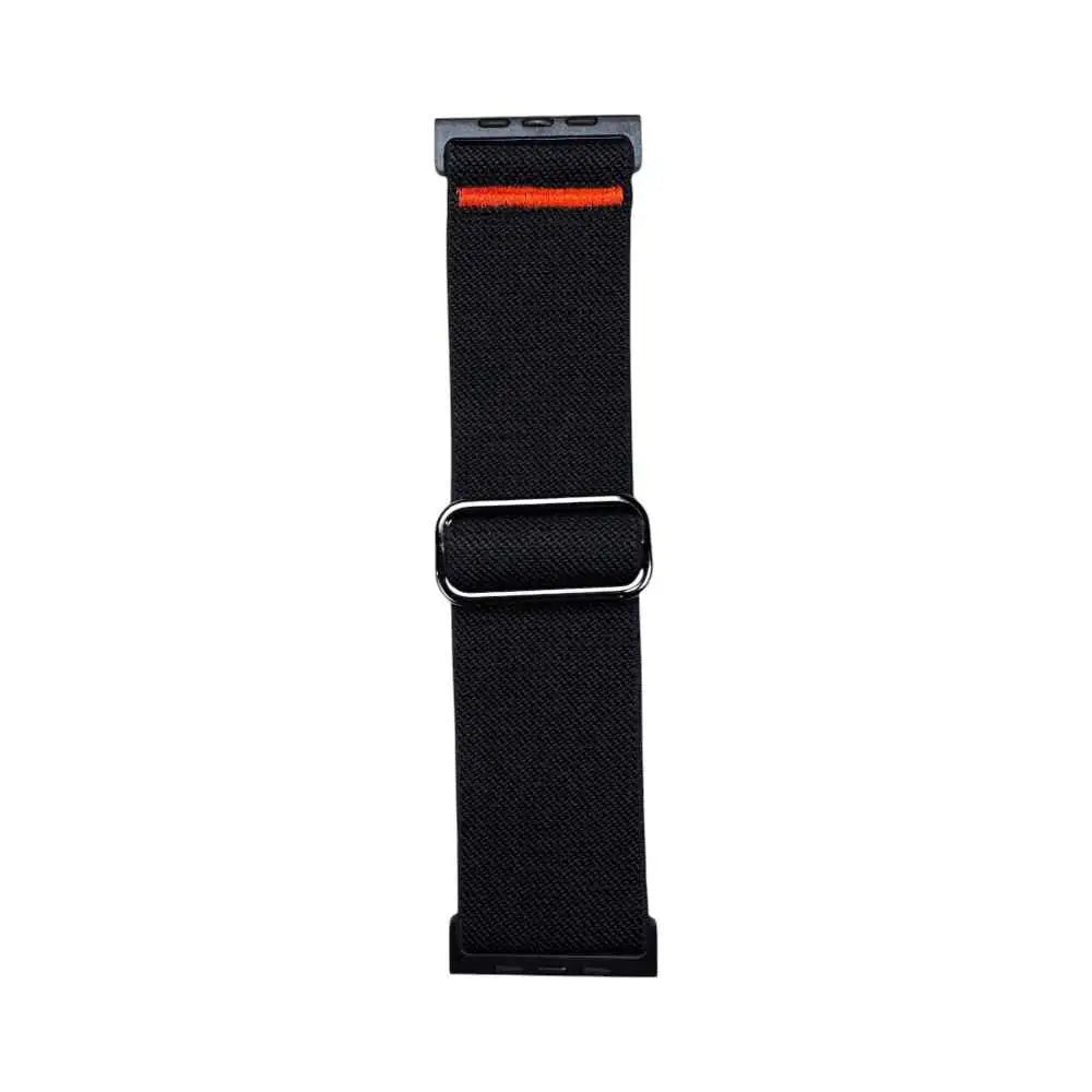 Anhem Ultra Nylon Strap for Apple Watch in black with an orange accent line and adjustable metal buckle.