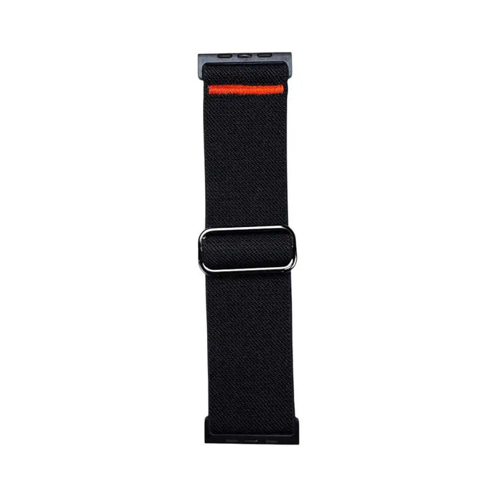 Anhem Ultra Nylon Strap for Apple Watch in black with an orange accent line and adjustable metal buckle.