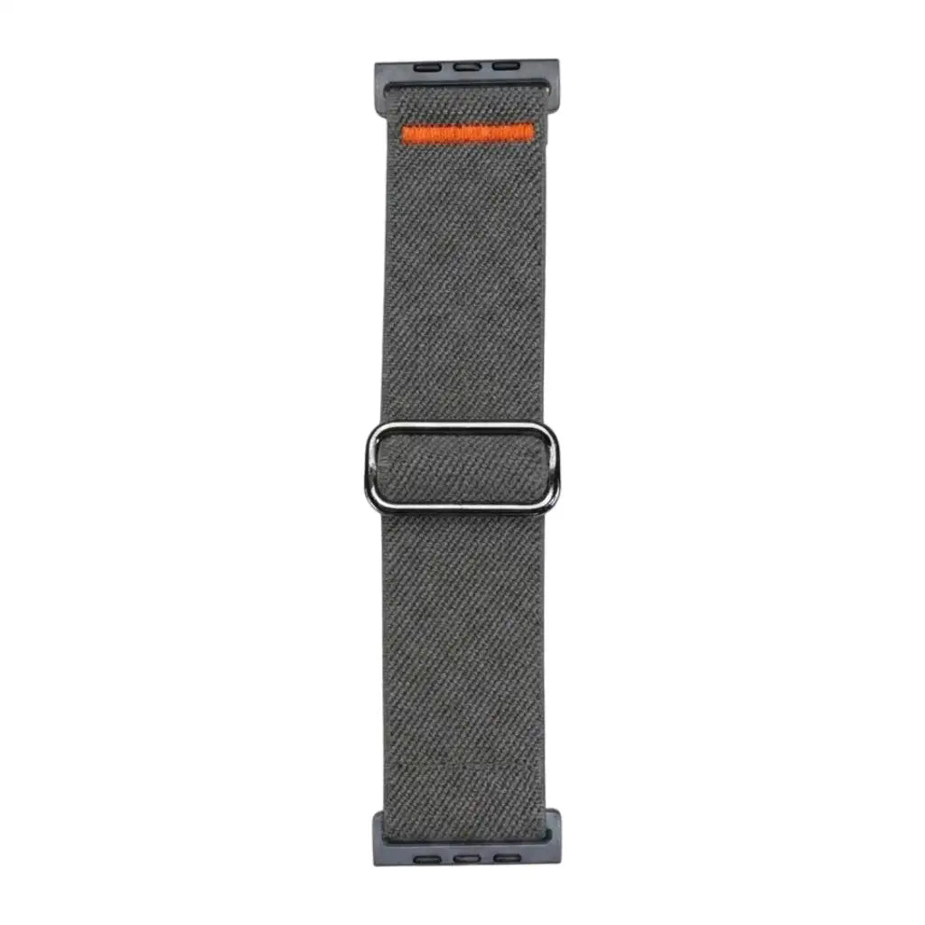 Anhem Ultra Nylon elastic Apple Watch band in grey with an orange accent stitch and adjustable metal buckle