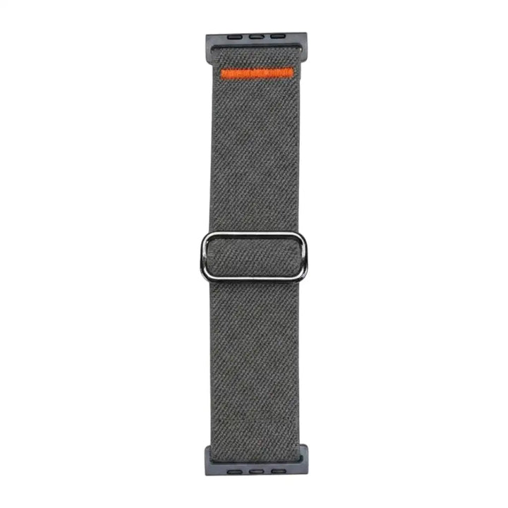 Anhem Ultra Nylon elastic Apple Watch band in grey with an orange accent stitch and adjustable metal buckle