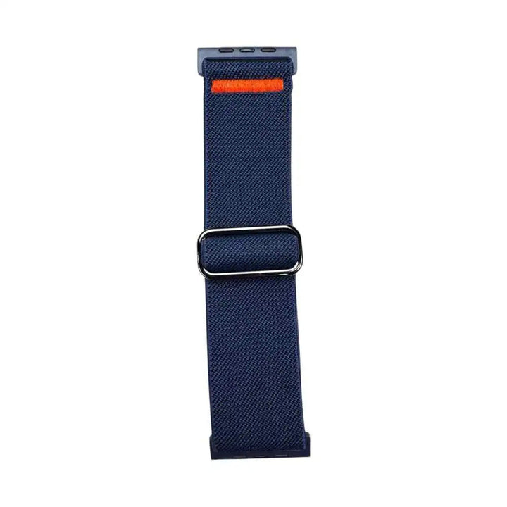 Anhem Ultra Nylon elastic watch band in navy blue with a bright orange accent stitch and adjustable metal slider.