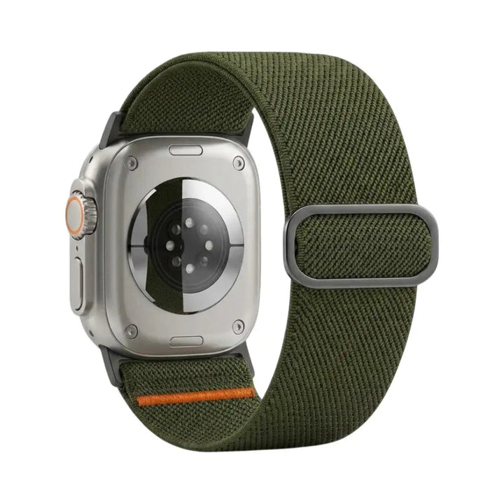 Anhem olive green ultra-wide elastic nylon strap attached to an Apple Watch Ultra, showing the back and adjustment loop.
