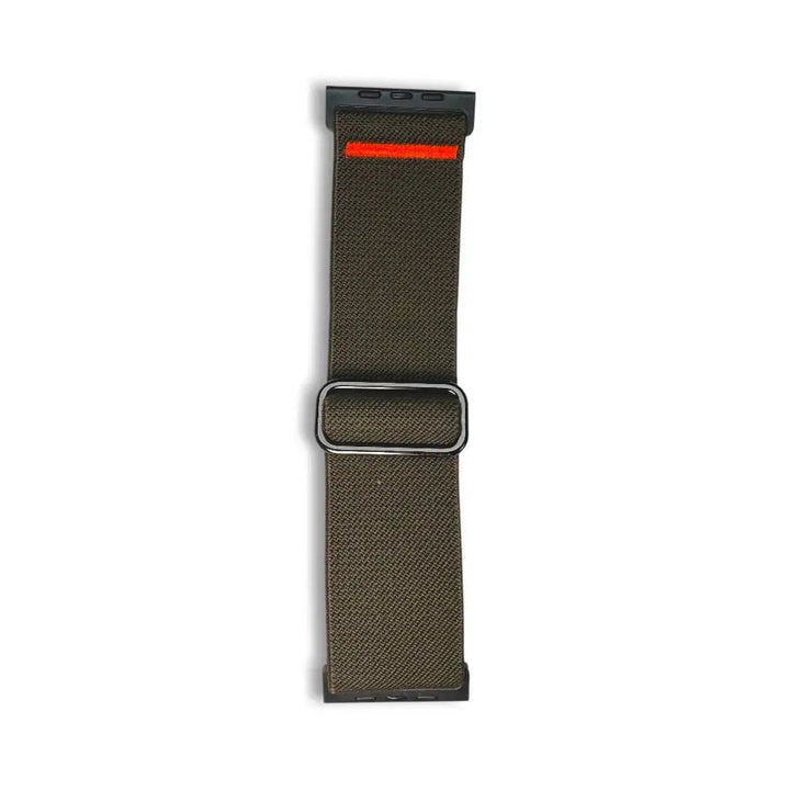 Anhem Ultra Nylon Strap in olive green with a red accent, featuring an adjustable elastic band for Apple Watch.