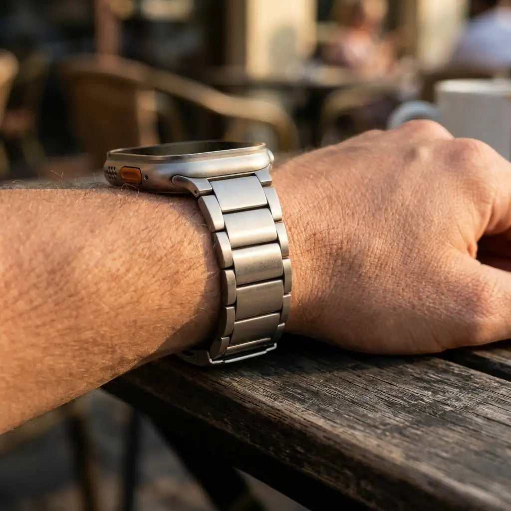 Anhem Ultra Titanium Strap on a wrist, a lightweight, durable, hypoallergenic metal band for Apple Watch.