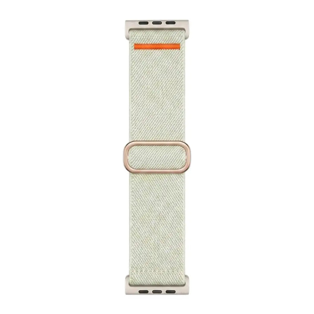 Anhem Ultra Nylon elastic Apple Watch band in light beige with an orange accent and metallic buckle for active wear.