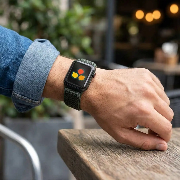 Weave Nylon apple watch band in green on a man's wrist.  anhem.myshopify.com