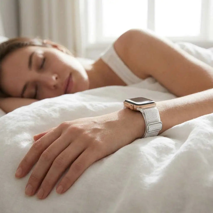 Weave Nylon apple watch band on woman sleeping in bed. anhem.myshopify.com