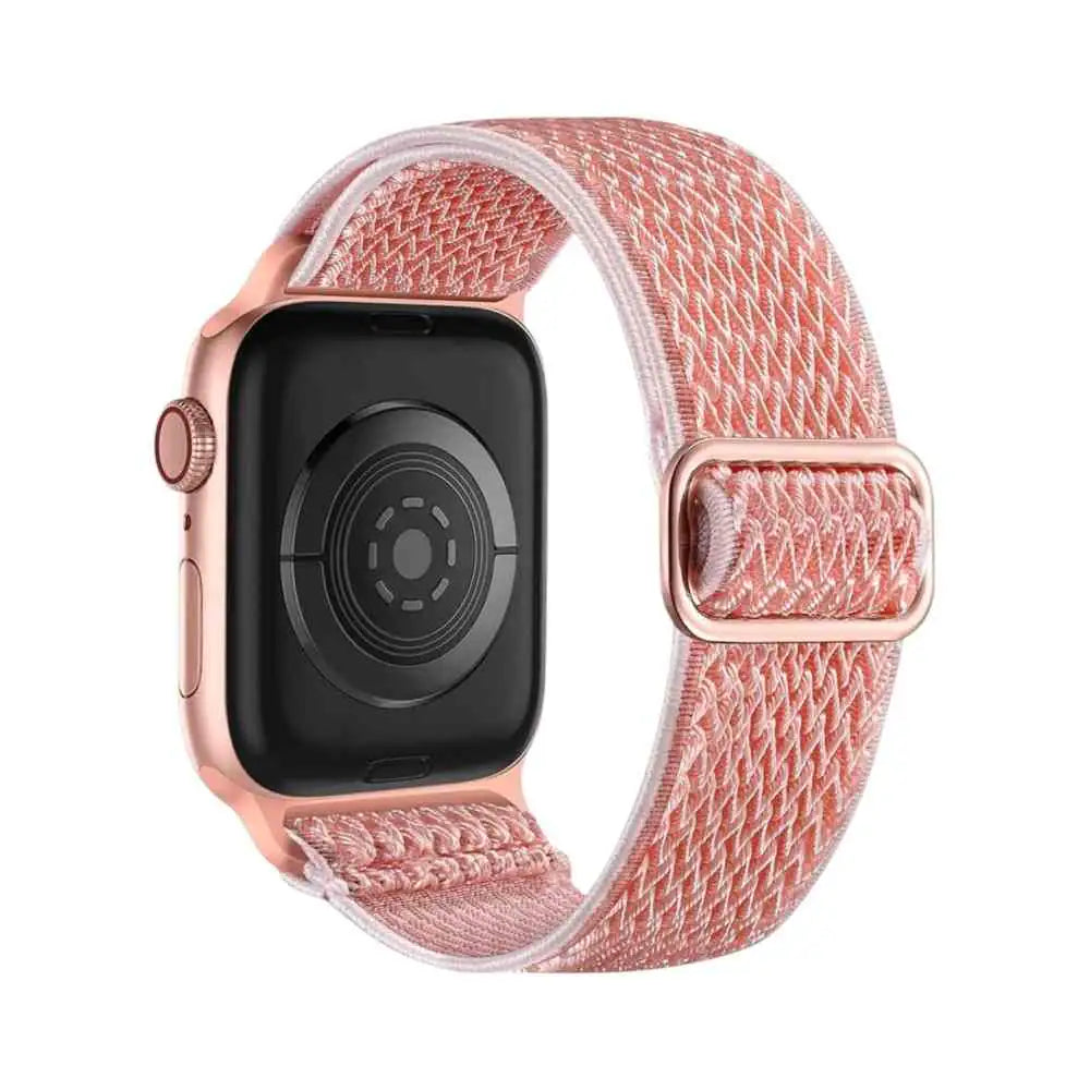 Back view of the Anhem Weave Nylon Band in pink on an Apple Watch, showing its moisture-wicking capability.  Weave Nylon Strap  anhem.myshopify.com  Pink Sand / 38/40/41/42MM (Small Watch)