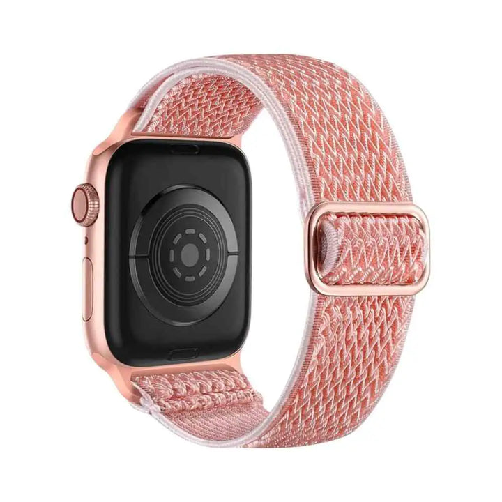 Back view of the Anhem Weave Nylon Band in pink on an Apple Watch, showing its moisture-wicking capability.  Weave Nylon Strap  anhem.myshopify.com  Pink Sand / 38/40/41/42MM (Small Watch)