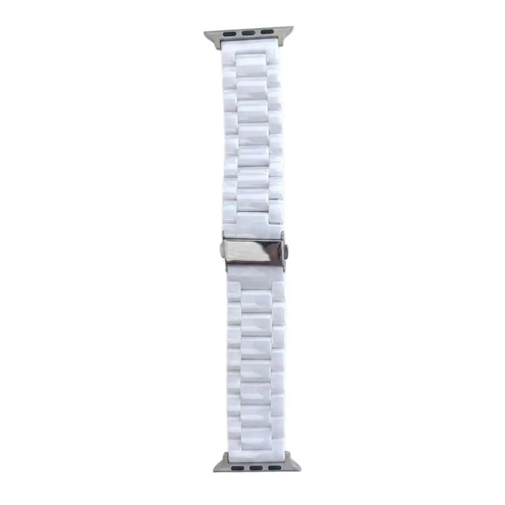 Anhem white ceramic 3-link Apple Watch band with a polished finish and secure metal buckle closure.