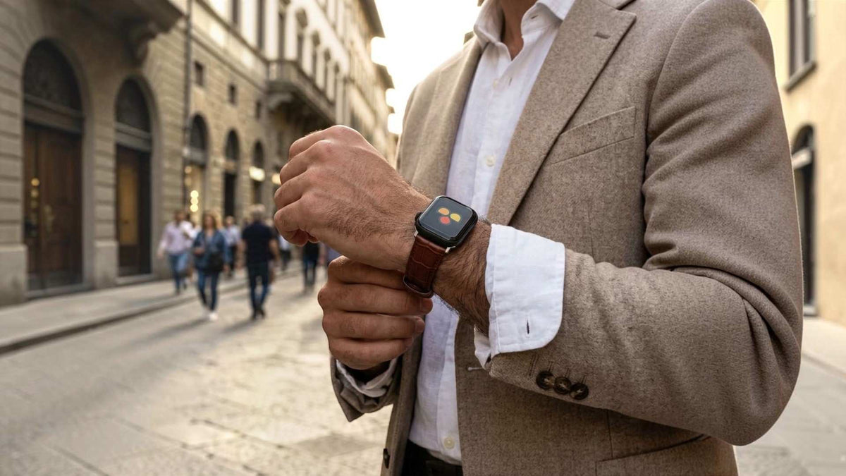 A man in a beige blazer and white dress shirt checks the time on a apple watch with a brown leather strap, standing on a blurred city street.