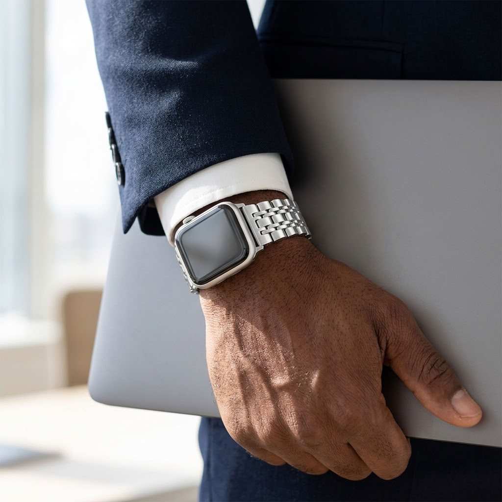 A close-up of a person wearing a silver metal link apple watch band with metal apple watch band, shown on a wrist while holding a gray laptop. The person is dressed in a dark navy suit jacket and white dress shirt.