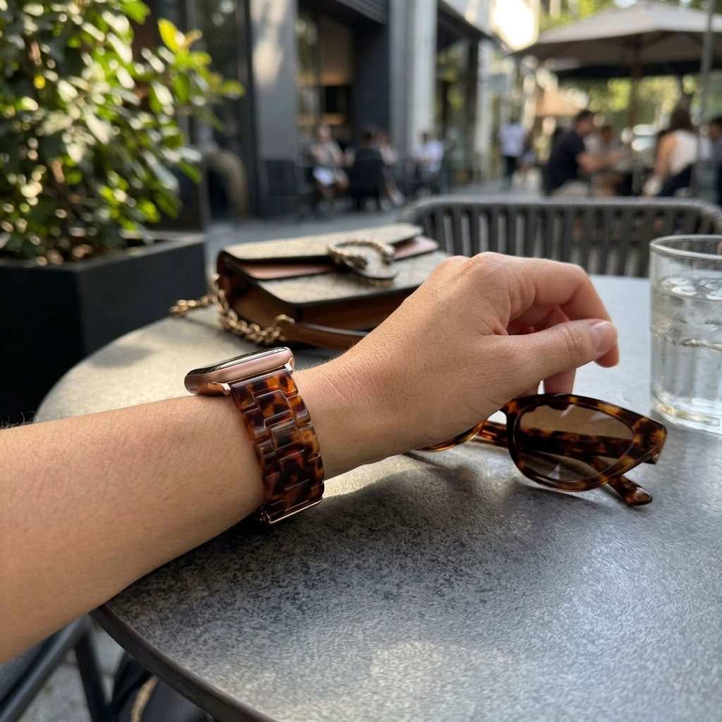 woman wearing anhem amber resin apple watch band at a table with matching tortoise shell sunglasses and cup of water