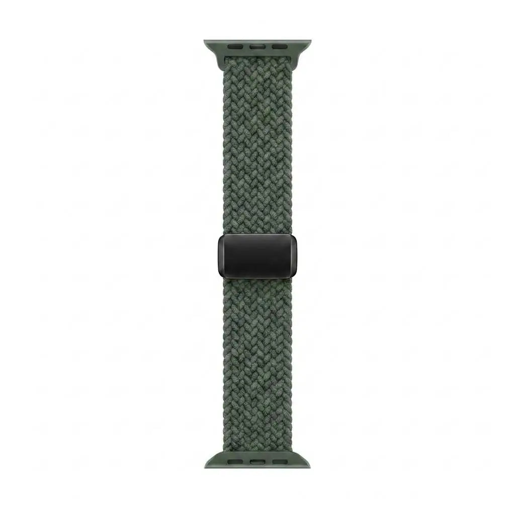 A dark green braided nylon apple watch band with a black magnetic clasp, shown vertically against a plain white background.
