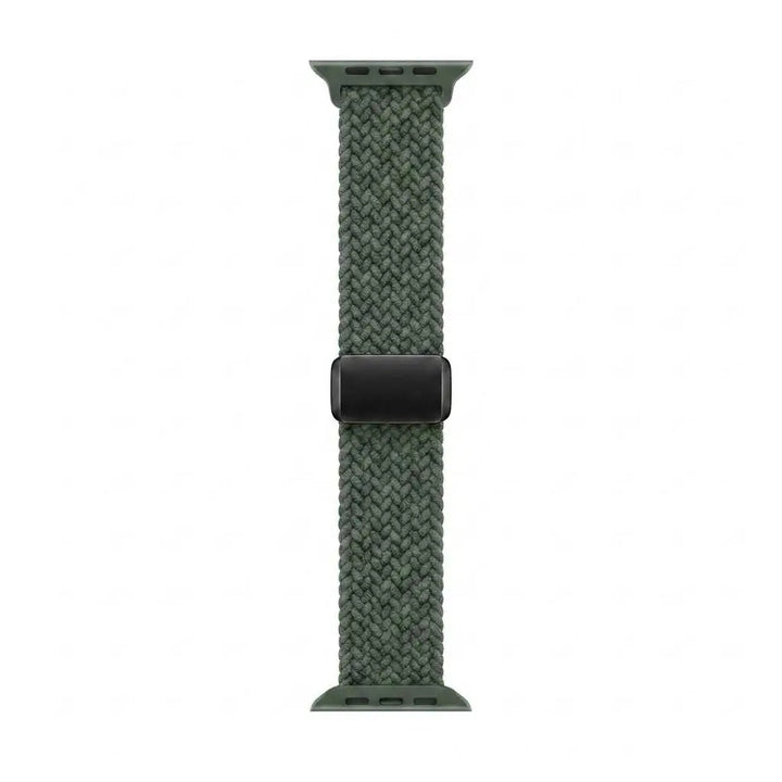 A dark green braided nylon apple watch band with a black magnetic clasp, shown vertically against a plain white background.
