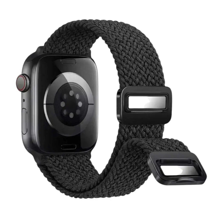 Black woven apple watch band on a white background
