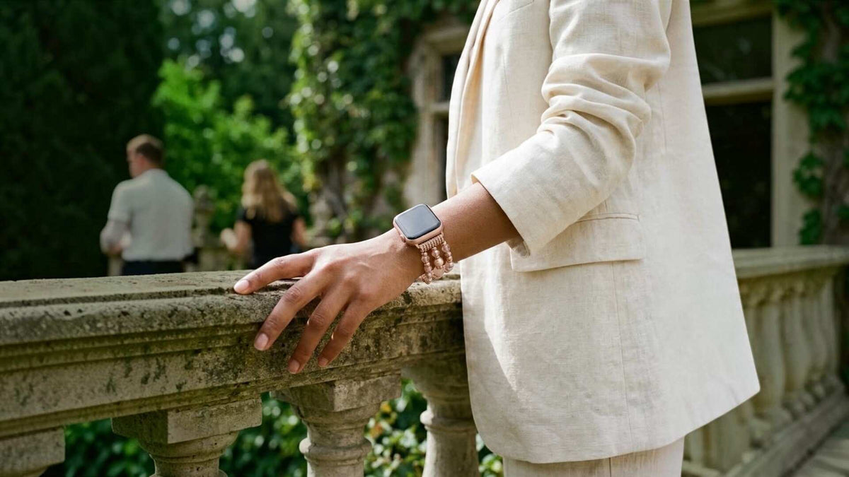 woman wearing anhem beaded apple watch bracelet in white jacket